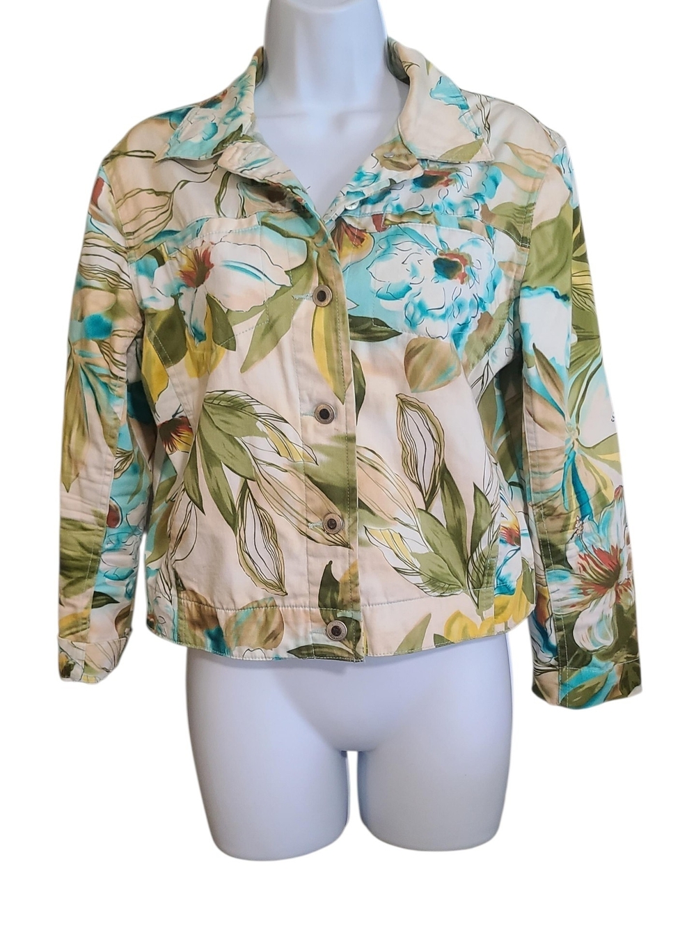 Floral Print Cotton Blend Jacket in Cream and Green PM